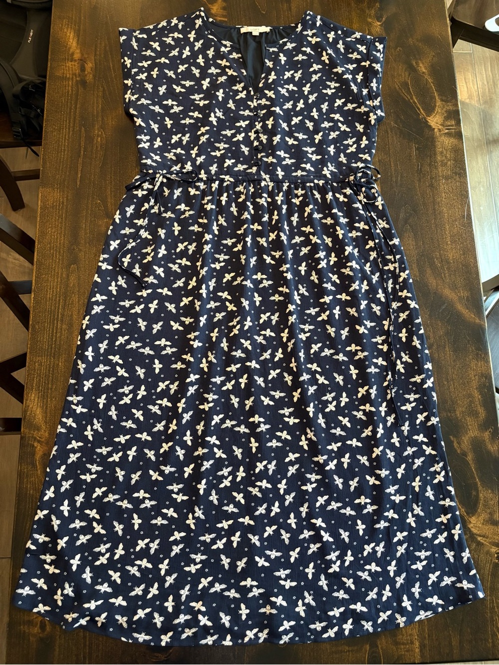 LOFT Bee Side Tie Midi Dress Blue & White Medium